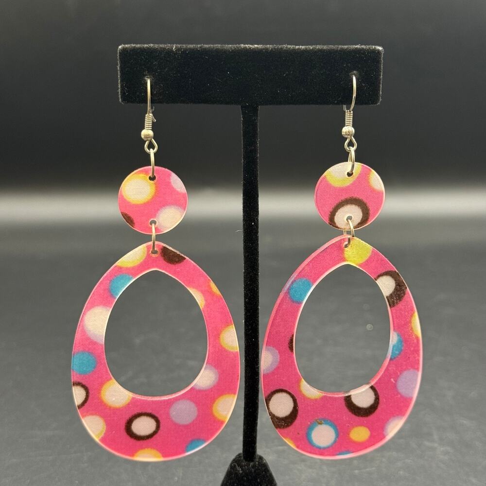 Vintage Retro Style Hot Pink Drop Earrings Polka Dot Teardrop